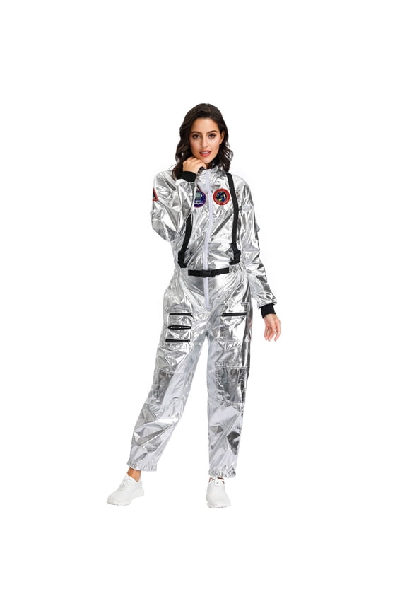 Women Shiny Astronaut Fitted Badge Detail Jumpsuit Performance Party