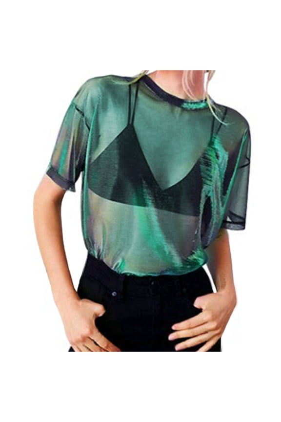 Women Shiny Iridescent Mesh Top Short Sleeve Pullover Top Sheer Trendy Club Party Blouse