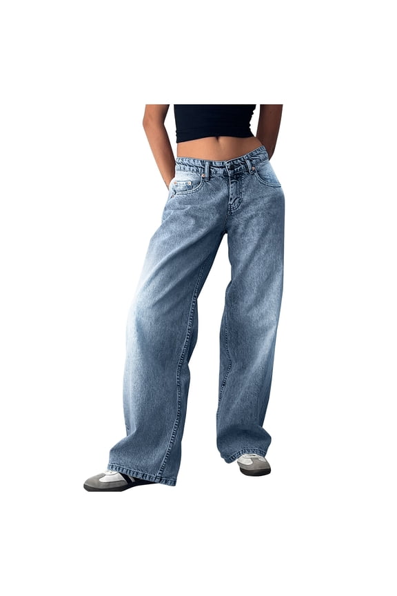 Women Slouchy Denim Pants High Waist Baggy Leg Denim Pant Trendy Retro Streetwear Trouser Navy