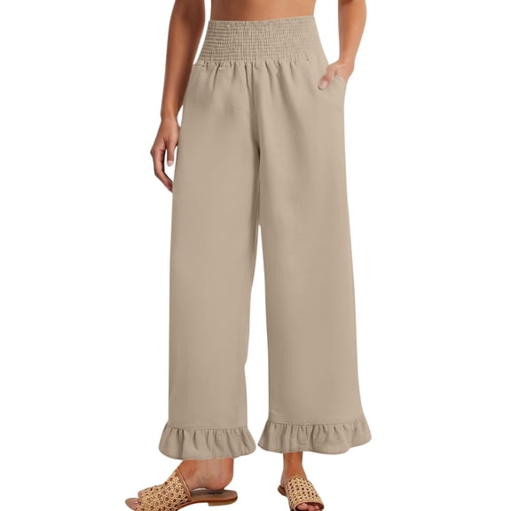 XIAONU Women Smocked Waist Wide Leg Pants Lightweight Breathable Ruffle Hem Casual Cropped Trousers