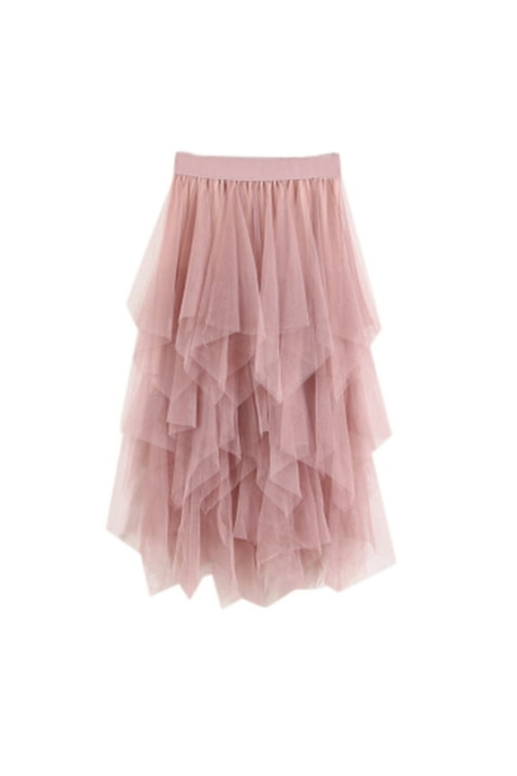 Women Solid Color Asymmetric Tulle Midi Skirt Elastic Waist Layered Ruffled Gown Gothic Punk Wear Skirts