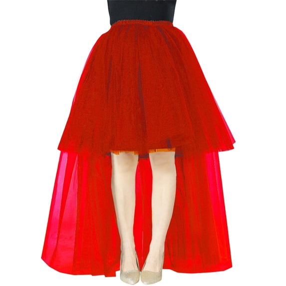 XIAONU Women Solid Color High-Low Tulle Skirt Elastic Waist Layered Flowy Gown Party Prom Wear Skirts