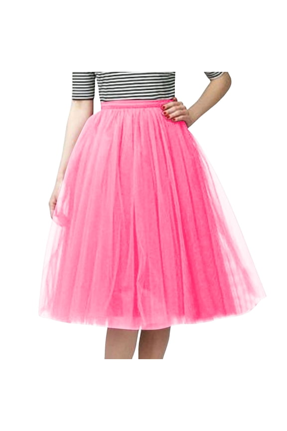 Women Solid Color Tulle Midi Skirt Elastic Waist Flared A-Line Gown Party Prom Wear Skirts