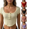 thumbnail image 1 of XIAONU Women Solid Crop Henley Top Short Sleeve Square Neck Slim Fit Daily Blouse, 1 of 5