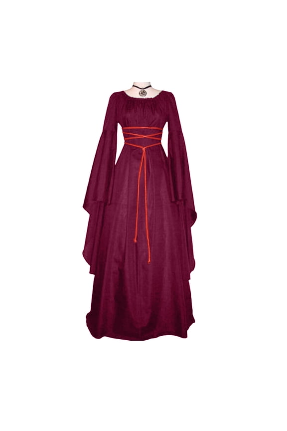 Women Solid Medieval Gown Bell Sleeve Lace Up Maxi Dress Renaissance Event Gowns