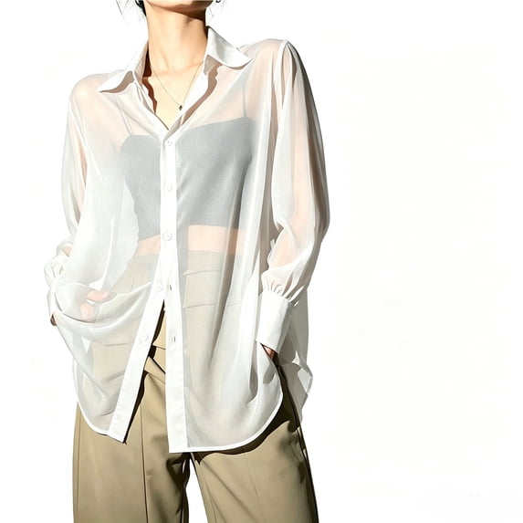 XIAONU Women Solid Sheer Shirt Long Sleeve Collared Button Down Oversized Blouse