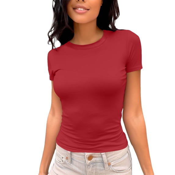XIAONU Women Solid Tee Crew Neck Short Sleeve Slim Fit Daily Basic Top