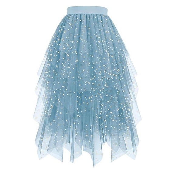 XIAONU Women Star Print Tulle Midi Skirt Elastic Waist Asymmetric Layered Gown Party Prom Wear Skirts