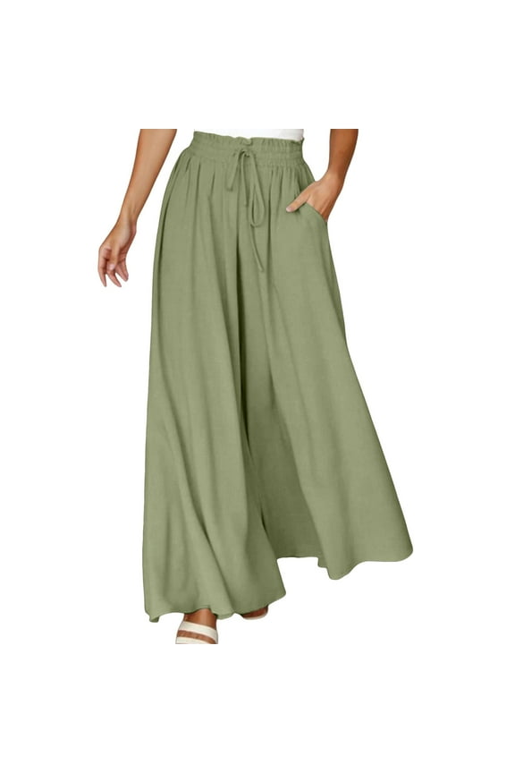 Women Wide Leg Pants High Waist Smocked Flowy Maxi Length Trousers Lightweight Breathable Casual Vacation Bottoms