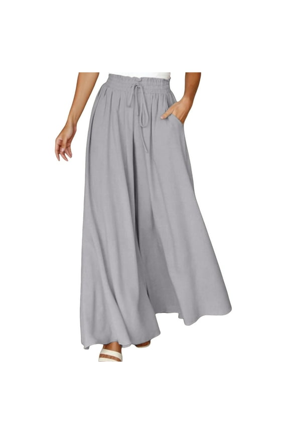 Women Wide Leg Pants High Waist Smocked Flowy Maxi Length Trousers Lightweight Breathable Casual Vacation Bottoms