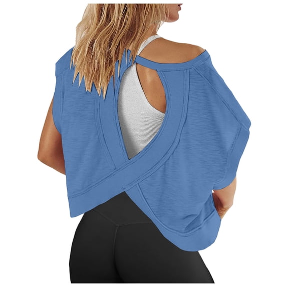 XIAONU Women Workout Shirts Open Back Casual Short Sleeve Tops Yoga Athletic Gym Slouchy Crop Running Tees
