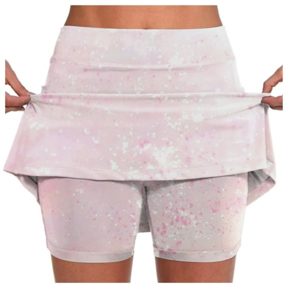 XIAONU Women's 2-in-1 Skort High-Waist Watercolor Print Skirt Comfortable Versatile Daily Casual Wear