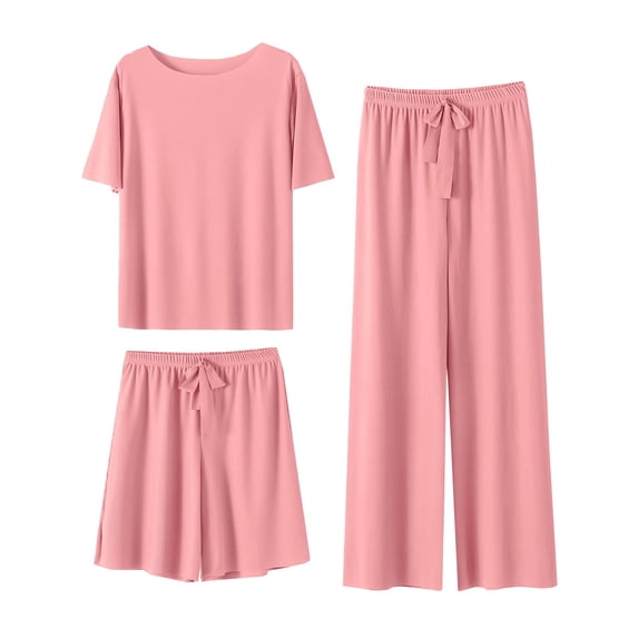 XIAONU Women's 3-Piece Solid Pajama Set Loose Short Sleeve Crew Neck Sleep Set Soft Versatile Sleep Pajamas