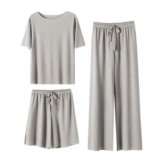 XIAONU Women's 3-Piece Solid Pajama Set Loose Short Sleeve Crew Neck Sleep Set Soft Versatile Sleep Pajamas