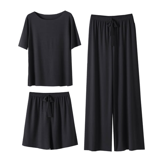 XIAONU Women's 3-Piece Solid Pajama Set Loose Short Sleeve Crew Neck Sleep Set Soft Versatile Sleep Pajamas