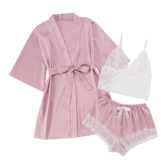 XIAONU Women's 3 Piece Striped Satin Sleep Set With Lace Trim Belted Robe Camisole And Shorts Soft Elegant Nightwear