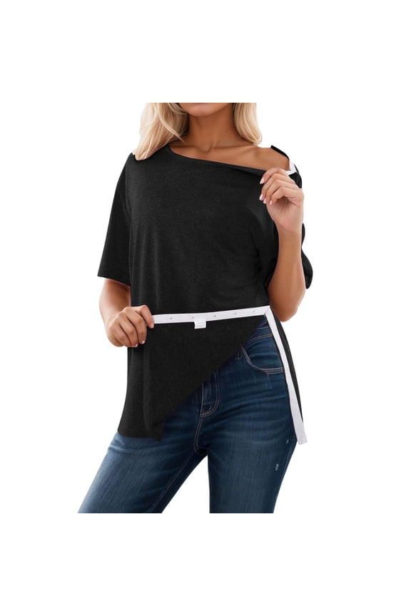 Women's Adjustable Loose-Fit Side-Slit T-Shirt Short-Sleeve Everyday Casual Weekend Relaxed Tees