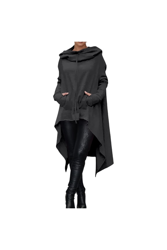 Women's Asymmetric Hem Capes Hooded Zip Up Poncho Cozy Gothic Casual Outerwear