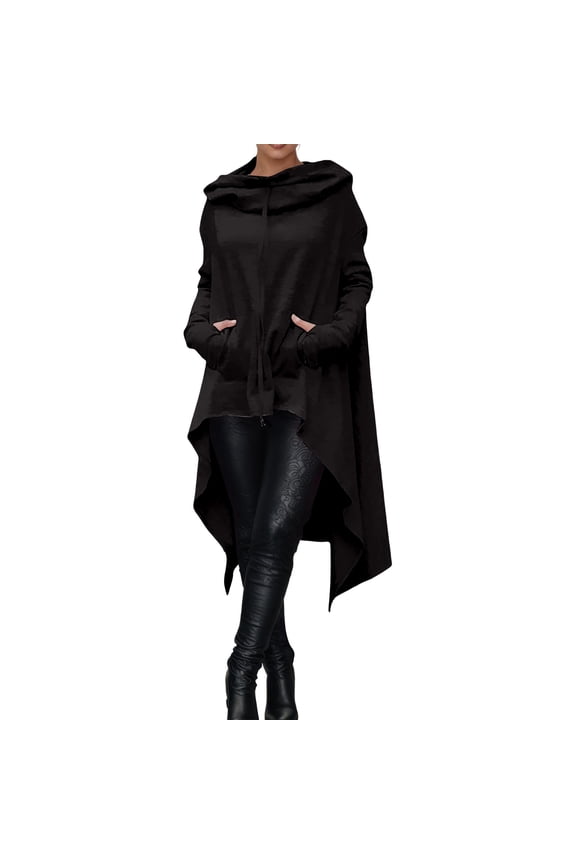 Women's Asymmetric Hem Capes Hooded Zip Up Poncho Cozy Gothic Casual Outerwear