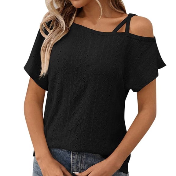 XIAONU Women's Asymmetric Neck Hollow Out Textured Knit Tee Casual Dressy Wear