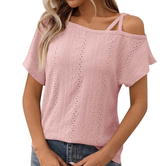 XIAONU Women's Asymmetric Neck Hollow Out Textured Knit Tee Casual Dressy Wear