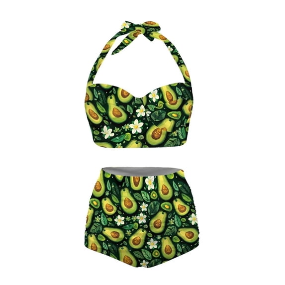 XIAONU Women's Avocado Floral Print Halter Swimwear Slim Fit Sleeveless Sweetheart Neck High Waisted Bikini Set Soft Cute Pool Swimsuits
