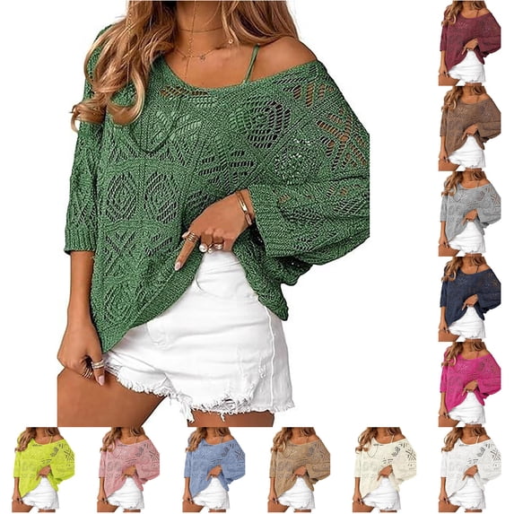 XIAONU Women's Batwing Sleeve Loose Fit Casual Top Openwork Pattern Vacation Daily Lightweight Blouse