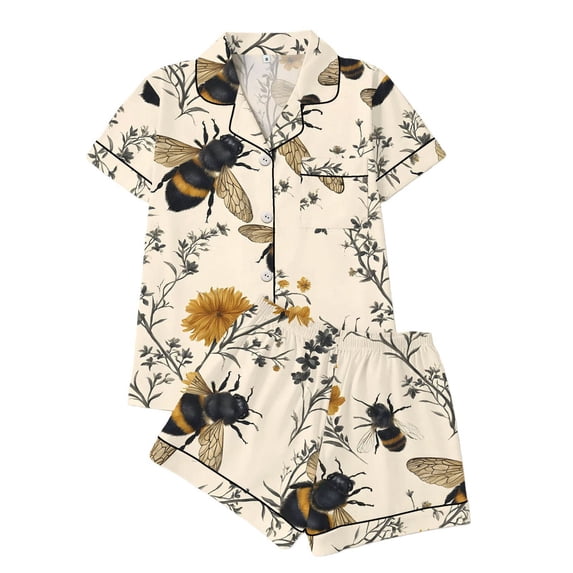 XIAONU Women's Bee-and-Floral Print Button-Front Pajama Set Soft Lightweight Casual Bedtime Nightwear