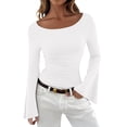 thumbnail image 1 of XIAONU Women's Bell Sleeve Ruched Crop Top form Fitting Long Sleeve Boat Neck Pullover Top Stretch Chic Casual Tops, 1 of 4