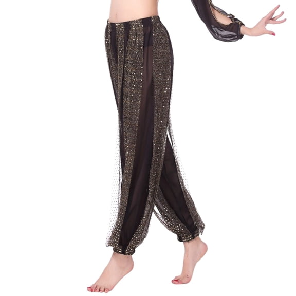 XIAONU Women's Belly Dance Harem Pants Sheer Mesh Sparkly Sequined Performance Trousers