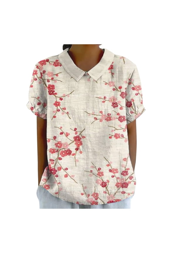 Women's Bird & Floral Print Blouse Loose Short Sleeve Peter Pan Collar Pullover Top Lightweight Casual Summer Tops