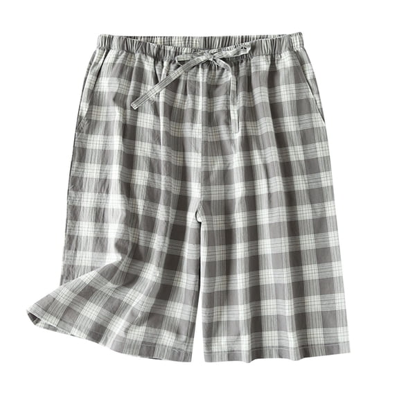 XIAONU Women's Blue Plaid Crinkle Cotton Bermuda Sleepwear Loose Knee Length Drawstring Waist Loungewear Breathable Casual Sleep Pants