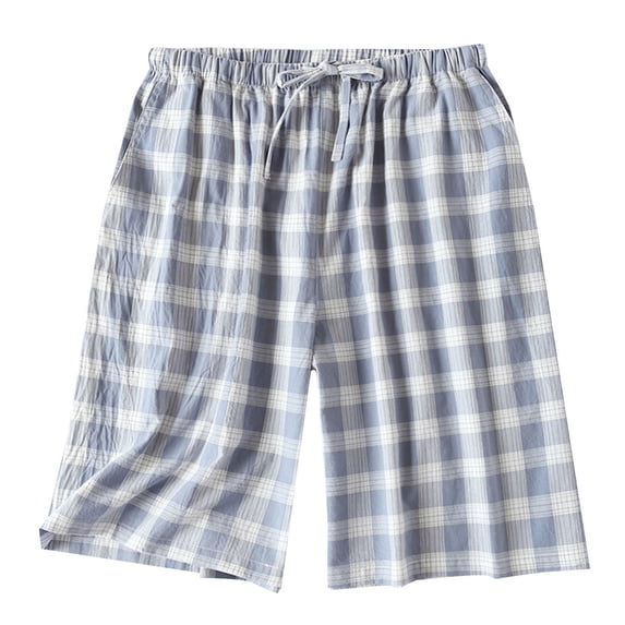 XIAONU Women's Blue Plaid Crinkle Cotton Bermuda Sleepwear Loose Knee Length Drawstring Waist Loungewear Breathable Casual Sleep Pants