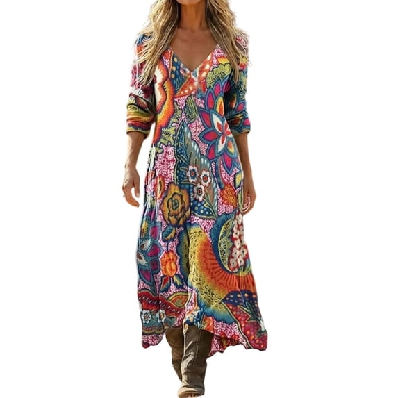 XIAONU Women's Bold Floral Print Maxi Dress V Neck Long Sleeve Loose Bohemian Vacation Gown