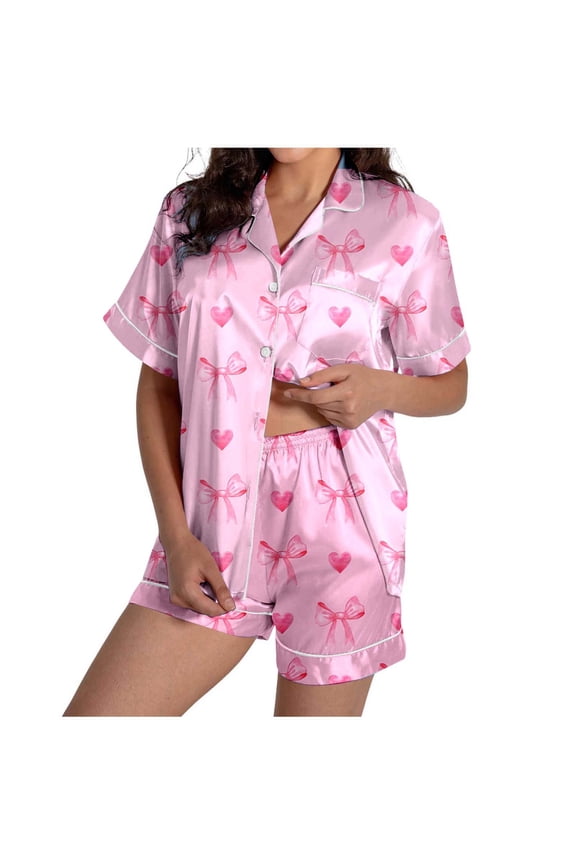 Women's Bow Heart Print Sleepwear Set Loose Short Sleeve Notched Collar Loungewear Set Silky Sweet Sleep Pajamas