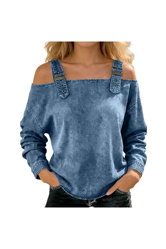 Women's Buckle Strap Sweatshirt Long Sleeve Cold Shoulder Denim Top Lightweight Casual Edgy Daily Tops