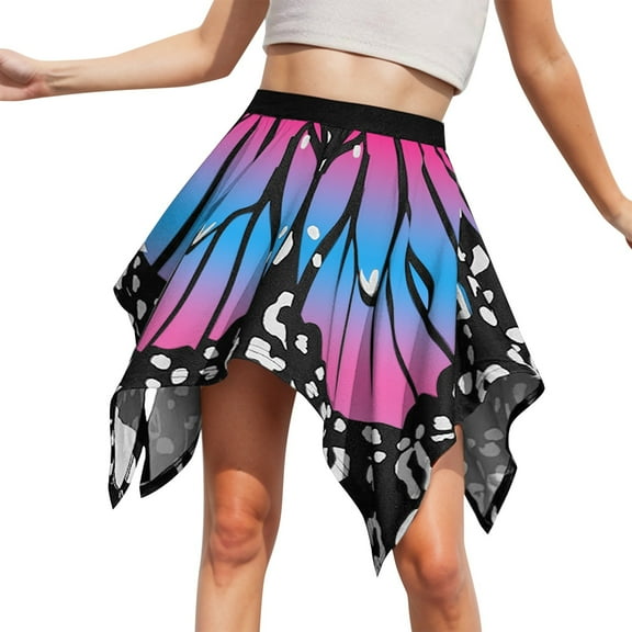 XIAONU Women's Butterfly-Print Asymmetrical Mini Skirt Flowy Elastic Waist Skirt Playful Bohemian Festival Daily Wear