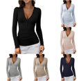 thumbnail image 1 of XIAONU Women's Button V Neck T Shirt Long Sleeve Ruched Slim Fit Basic Top, 1 of 7