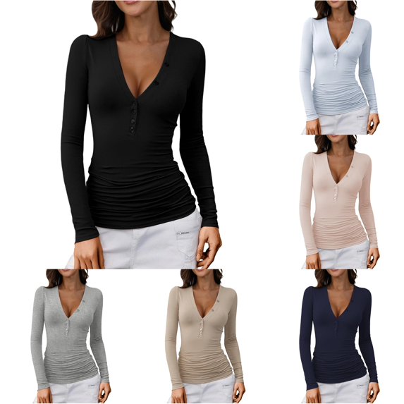 XIAONU Women's Button V Neck T Shirt Long Sleeve Ruched Slim Fit Basic Top