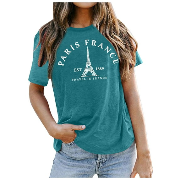 XIAONU Women's C'Est La Vie Paris Letter Graphic T-Shirt Loose Fit Short Sleeve Crew Neck Pullover Tee Soft Chic Casual Top