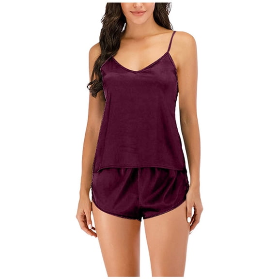 XIAONU Women's Camisole Shorts Pajama Set Satin V-Neck Spaghetti Straps Top Sexy Silky Soft Sleepwear Set