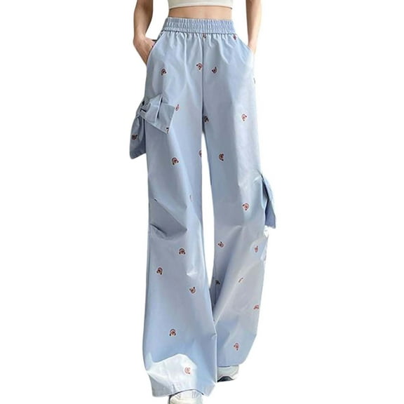XIAONU Women's Cargo Bow-Accent Pants Wide-Leg Printed Trousers Playful Casual Daily Lounge Bottoms