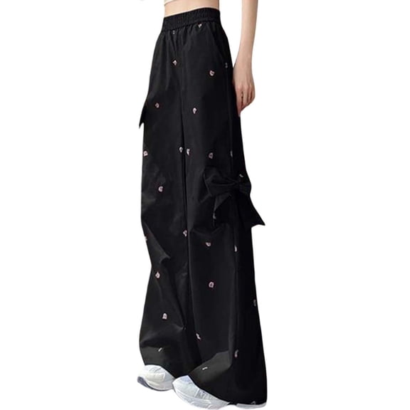 XIAONU Women's Cargo Bow-Accent Pants Wide-Leg Printed Trousers Playful Casual Daily Lounge Bottoms