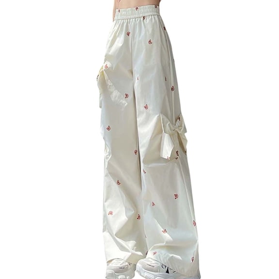 XIAONU Women's Cargo Bow-Accent Pants Wide-Leg Printed Trousers Playful Casual Daily Lounge Bottoms