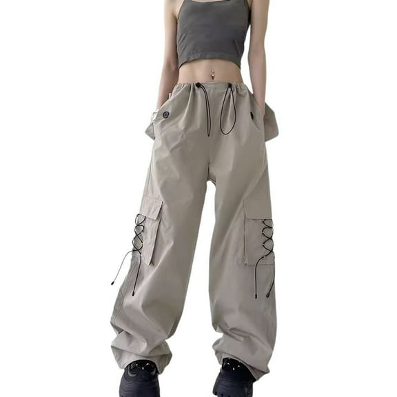 XIAONU Women's Cargo Lace-Up Pants Wide-Leg Relaxed-Fit Trousers Edgy Streetwear Daily Casual Bottoms