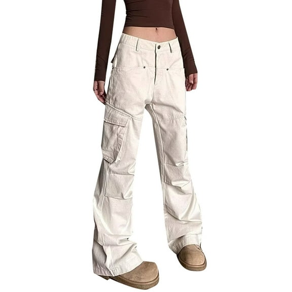 XIAONU Women's Cargo Utility Pants Wide-Leg Relaxed-Fit Trousers Versatile Daily Casual Bottoms