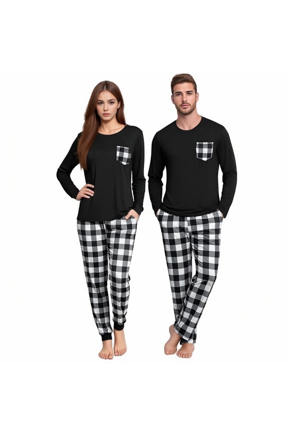 Women's Casual Checkered Sleepwear Set Crew Neck Top and Long Pants Homewear Daily Comfort Relaxed Pajamas Set