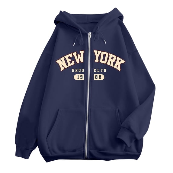 XIAONU Women's Casual Zip Up Hoodie Long Sleeve Drawstring Hooded Letter Graphic Sweatshirt Warm Preppy Daily Wear Hoodies