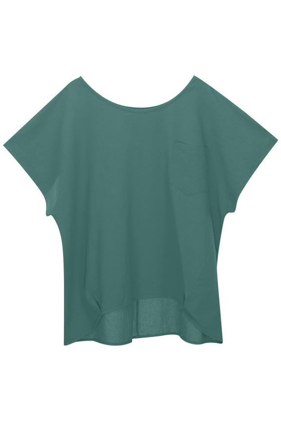 Women's Chest Pocket Asymmetrical Hem Tunic Loose Dolman Sleeve Boat Neck Pullover Top Airy Minimalist Casual Tunics