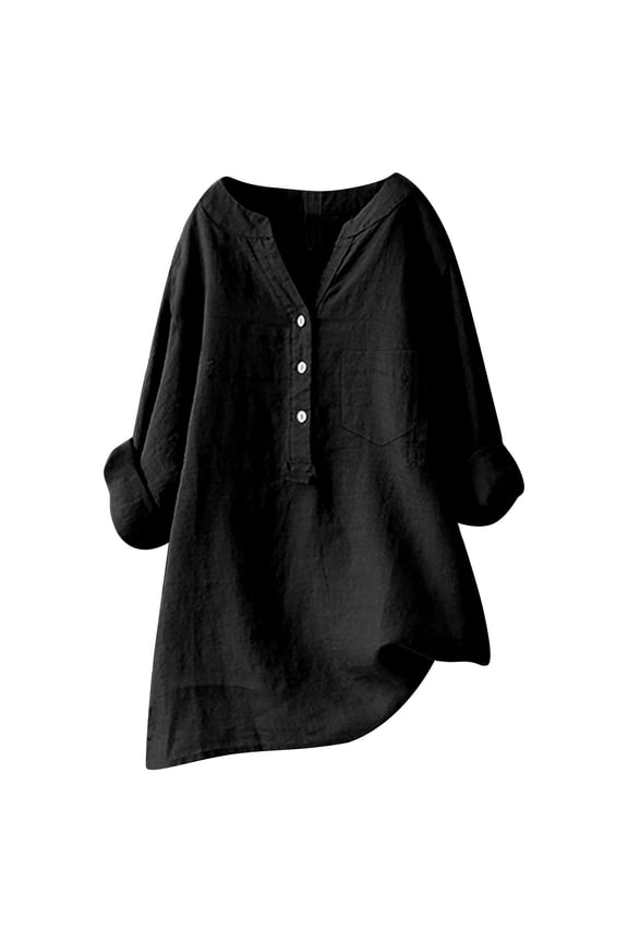 Women's Chest Pocket Roll Tab Sleeve Linen Tunic Loose Long Sleeve Split Neck Half Button Pullover Top Breathable Lagenlook Casual Tunics
